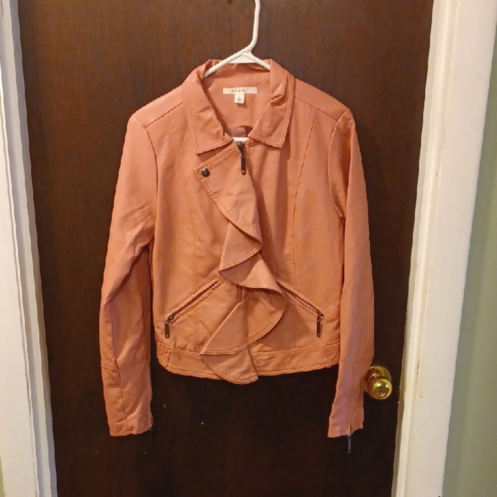 mi a mi Salmon Pink Ruffle Faux-Leather Jacket Size Small